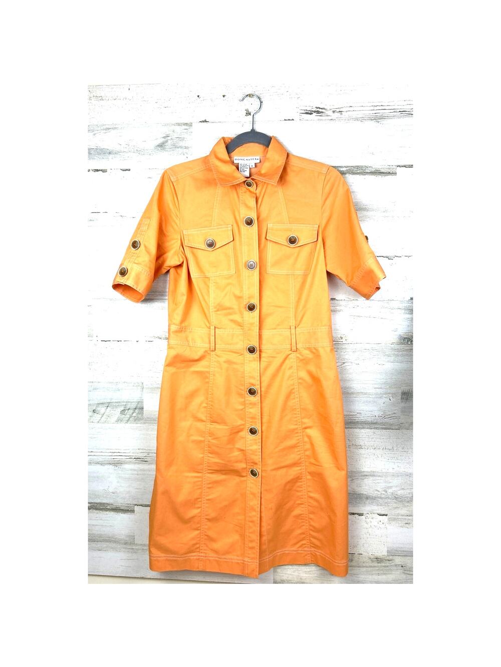 Doncaster Womens 6 Vintage Orange Cotton Safari ButtonUp Short Sleeve Midi Dress